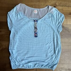 Free People Blue Short Sleeve Henley Top XS Elastic Hem Boho Button Detail